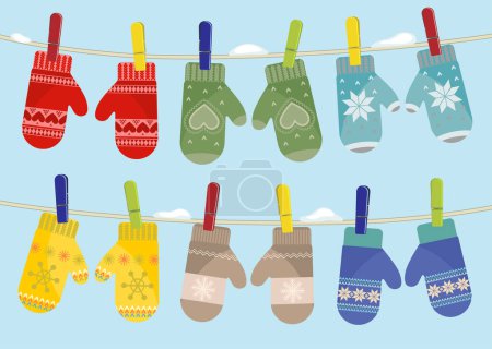 Illustration for Mittens hanging on the rope with snow. Winter day with clear blue sky. - Royalty Free Image