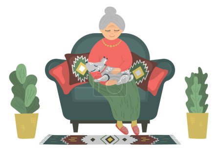 Femme âgée avec chien robot animal de compagnie. 