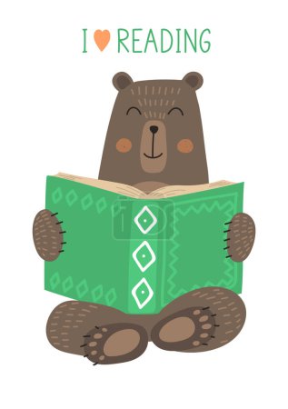 Cute bear reading book.