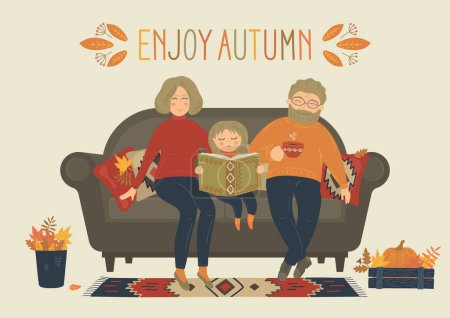 Großeltern mit Enkelin sitzen auf dem Sofa, während Mädchen Bücher lesen. Genießen Sie den Herbst Schriftzug an der Wand.