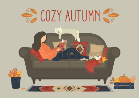 Ilustración de Mujer leyendo libro mientras está acostada en el sofá. Acogedora inscripción de otoño en la pared. - Imagen libre de derechos