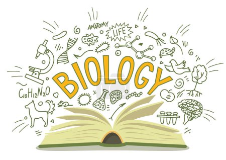 Illustration for Biology. Open book with doodles with lettering. - Royalty Free Image