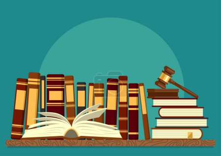Illustration for Books on shelf with open book and judge gavel on teal background. Legal, juridical education. Jurisprudence studying, law theory. Vector illustration. - Royalty Free Image