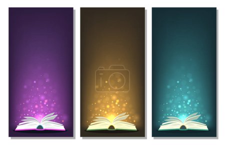Illustration for Magic books with different color magic lights on banners. - Royalty Free Image