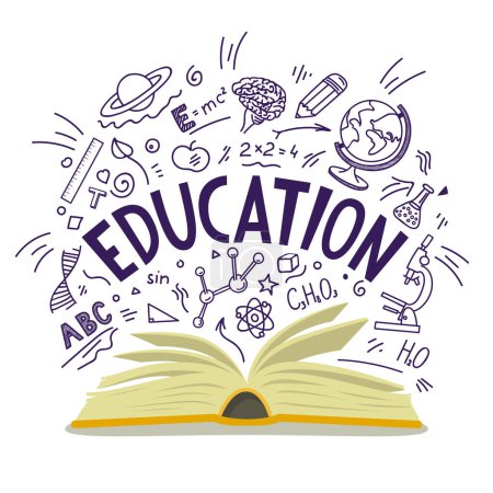 Illustration for Education. Open book with education hand drawn sketches on white background. - Royalty Free Image