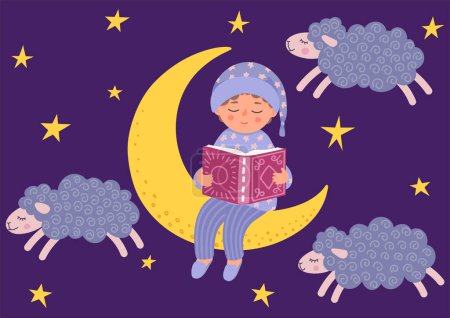 Junge liest Gute-Nacht-Geschichte auf dem Mond. 