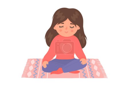 Ilustración de Meditación infantil. Niña sentada en la alfombra. - Imagen libre de derechos