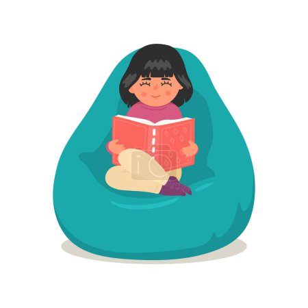 Cute little girl reading book in bean bag. 