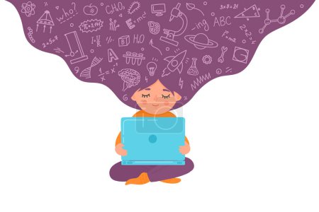 Illustration for Online, remote children education. Girl working on laptop. - Royalty Free Image