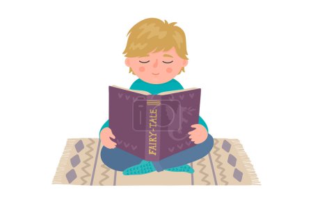 Illustration for Boy reads book. Little child sitting on the carpet. - Royalty Free Image