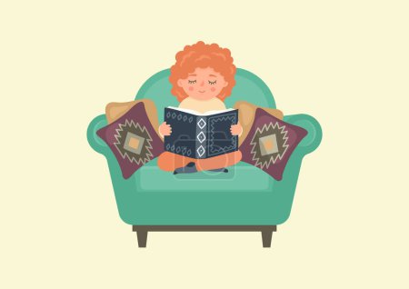 Illustration for Cute little girl reads book in armchair. Child sitting in comfortable armchair. - Royalty Free Image