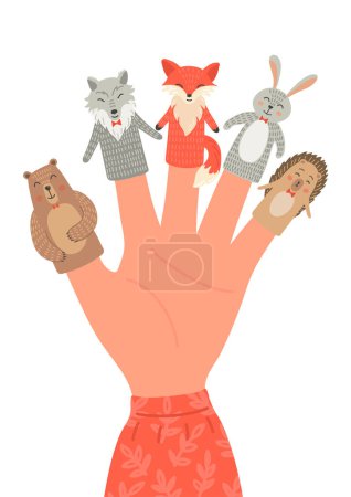 Téléchargez les illustrations : Théâtre de marionnettes à doigts. Jouets d'animaux des bois dessinés à la main. - en licence libre de droit