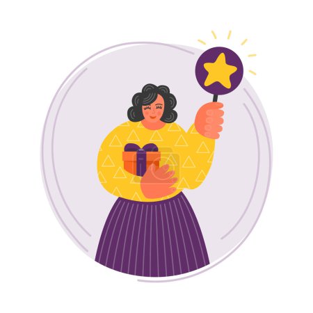 Illustration for Woman with gift holding scorecard with star. - Royalty Free Image