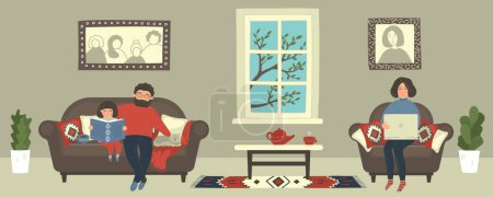 Ilustración de Familia en casa. Mujer en línea trabajo remoto. - Imagen libre de derechos