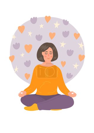 Woman meditation meditating with flowers and hearts around