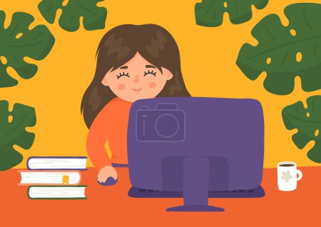Ilustración de Educación a distancia en línea. Chica usando computadora. - Imagen libre de derechos