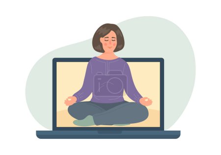 Clase de meditación en línea. Mujer meditando en pantalla.