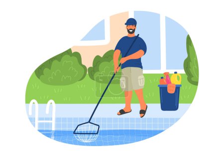 Illustration for Pool maintenance. Lettering with pool cleaner tools on white background - Royalty Free Image
