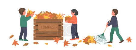 Kompostierung. Kinder machen Kompost aus Herbstblättern. 