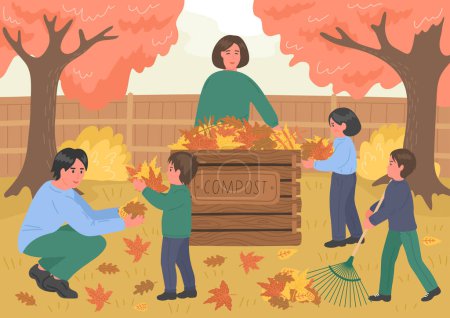 Kompostierung. Familie macht Kompost aus Herbstlaub. 