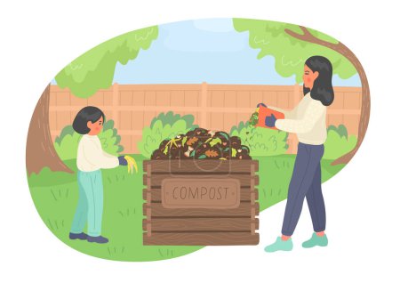 Composting. Girl and woman making compost. 