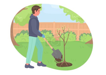 Illustration for Man plants tree. Springtime. Guy with shovel working in the garden - Royalty Free Image