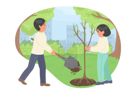 Téléchargez les illustrations : Les enfants plantent des arbres dans le parc de la ville. - en licence libre de droit