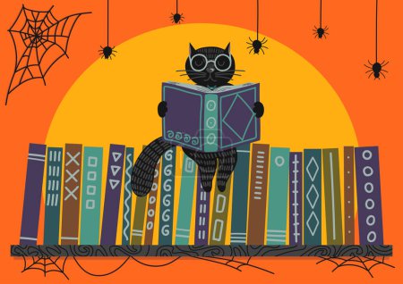 Illustration for Halloween. Black cat reading book on bookshelf. - Royalty Free Image