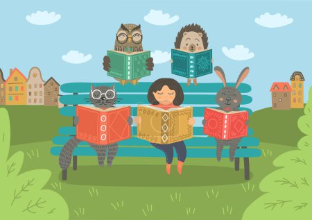 Ilustración de Chica con animales leyendo libro fuera. - Imagen libre de derechos