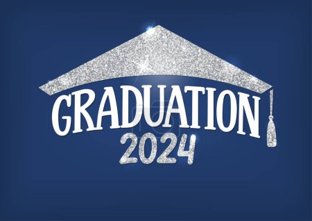 Ilustración de Graduación 2024. Letras en forma de gorra de brillo plateado. Ilustración vectorial sobre fondo azul. - Imagen libre de derechos