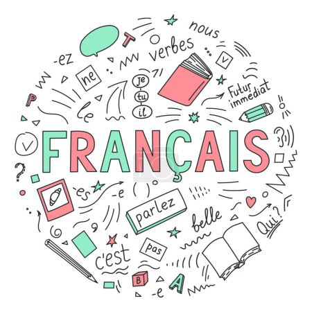 Illustration for Francais language lettering with doodle. - Royalty Free Image