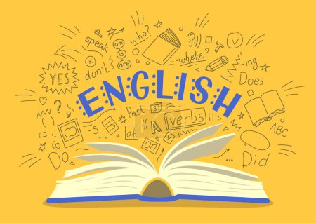 Illustration for English. Open book with lettering and doodle. - Royalty Free Image