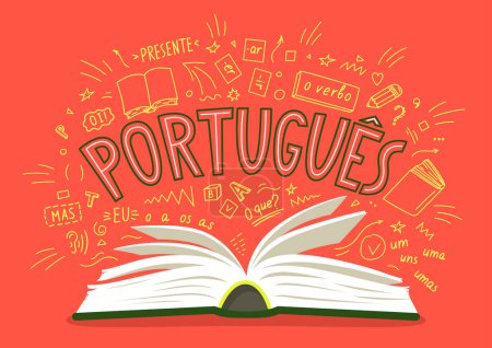 Illustration for Portugues. Open book with Portuguese language lettering with doodle. - Royalty Free Image