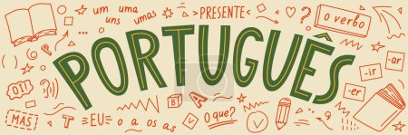 Illustration for Portugues. Portuguese language lettering with doodle. - Royalty Free Image