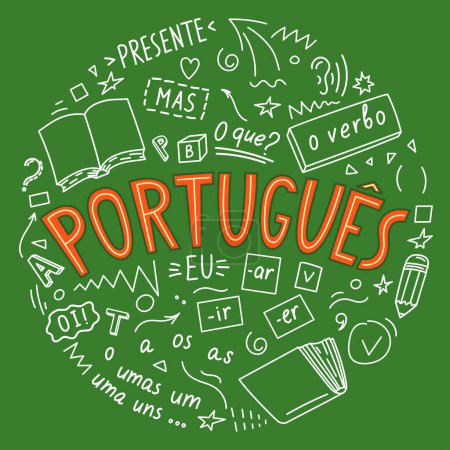 Illustration for Portugues.  Portuguese language lettering with doodle. - Royalty Free Image