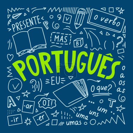 Ilustración de Portugues. Letras en portugués con garabatos. Composición cuadrada. - Imagen libre de derechos