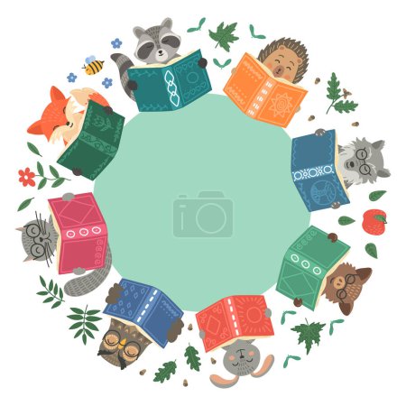 Illustration for Wreath of animals reading books with space for text - Royalty Free Image