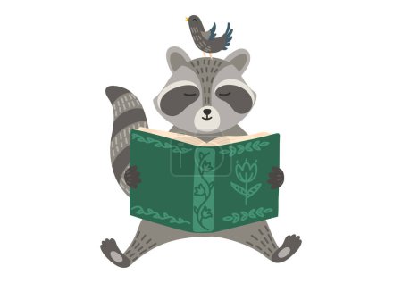 Racoon with bird reading book.