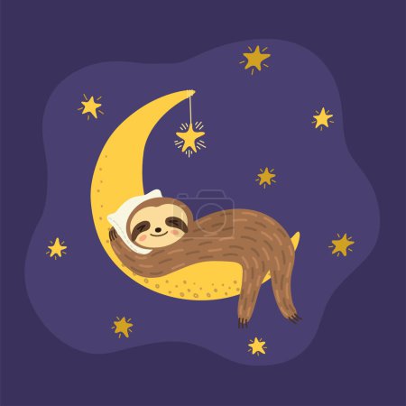 Mignon paresseux dort serré sur la lune. 