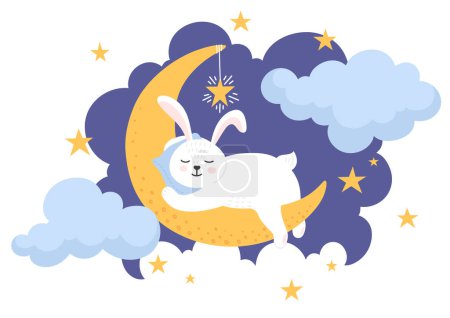 Bed time. Cute rabbit sleeping on the moon. 