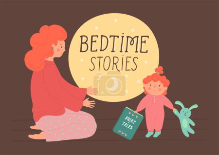 Téléchargez les illustrations : Histoires du soir. Mère et petite fille avec livre de contes de fées. - en licence libre de droit