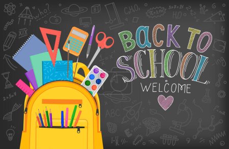 Back to school. Open backpack full of stationery with chalk drawing doodle and lettering.