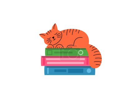 Illustration for Cute red cat sleeping on stack of books. - Royalty Free Image