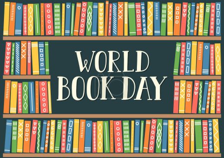 World book day lettering, library with colorful books frame.
