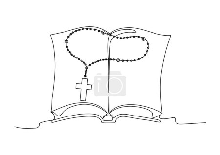 La Biblia. Libro abierto con rosario. Dibujo continuo de línea. Concepto cristianismo.