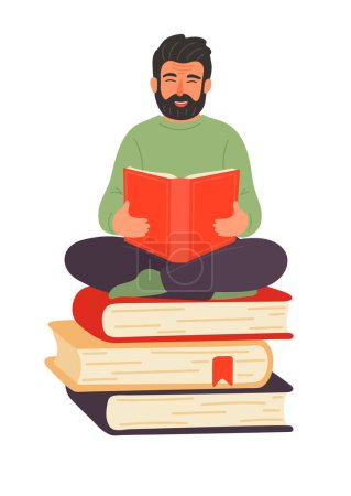 Hombre barbudo sentado en los libros apilados y leyendo aislado sobre fondo blanco