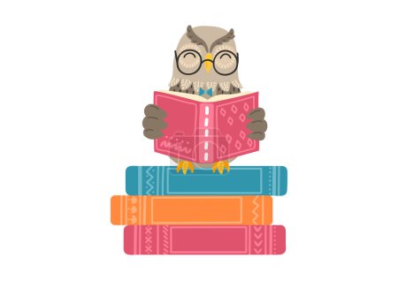 Owl reads book sitting on stack of books