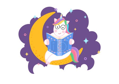 Ilustración de Lindo libro de lectura de unicornio en la luna por la noche. - Imagen libre de derechos