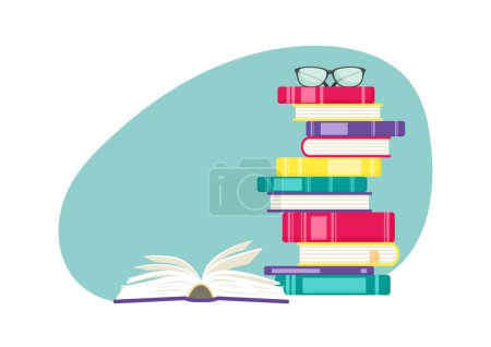 Téléchargez les illustrations : Stacked up books with glasses. Open book. - en licence libre de droit