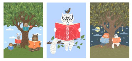 Ilustración de Conjunto de ilustraciones de un lindo gato leyendo el libro, animales leyendo libros bajo el árbol, niña y gato leyendo libros bajo el árbol en el parque - Imagen libre de derechos